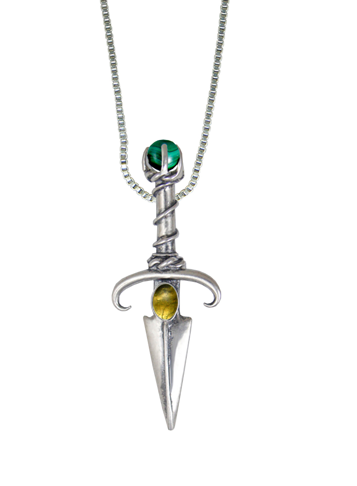 Sterling Silver Black Prince's Knife Dagger Pendant With Citrine And Malachite